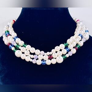 Vintage Carolyn Tanner Multi-Strand Faux Pearl Necklace W/Colorful Accent Beads